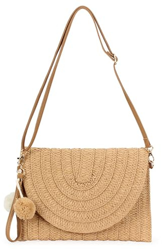 XFSRG Pochette De Paille Sac A Main Femme Ete Pochette De Plage A La Mode Sac A Bandoulière Boho Ceremonie Mariage Femme Minimalist Handbags Bon Pour Rencontres Voyage(Marron Clair)