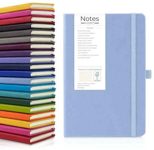 Notes London Eco A5 Notebook with Numbered Lined Pages, Contents Pages, Pen Loop, Ribbon, Date Marks & Paper Pocket, Medium Hardback Journal, sustainably sourced paper (Pastel Blue)