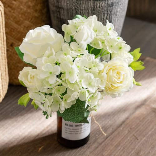 KARLOR Kunstblumen Set weiß, Künstlich Blumenstrauß Rosen Hortensien weiß Kunstblumen Wie Echt Blumensträuße Hochzeit Frühlingsblumen Dekoration Blumenarrangements Seidenblumen Deko