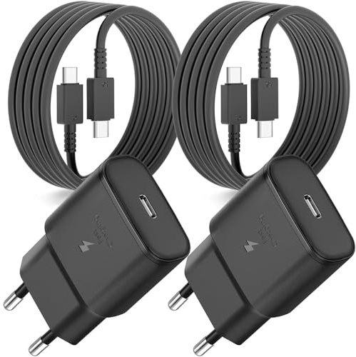 Chargeur USB C 25W Charge Rapide Original pour Samsung Galaxy S25/S24/S23/S22/S21/A56/A55/A54/A53/A52/A36/A35/A34/A33/A26/A16, Pack de 2 Adaptateur Secteur USB Type C Noir avec Câble USB-C de 2m