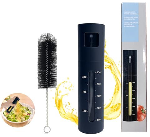 KATLKIU Pulverizador de Aceite 100ml – Botella de Spray de Acero Inoxidable con Embudo y Cepillo – Para Aceite de Oliva, Vinagre, Salsa de Soja – Para Cocina, Parrilla, Ensaladas – Negro