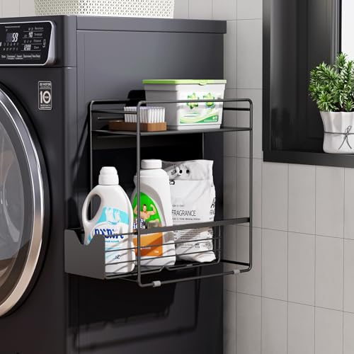 CABTE 2 Tier Magnetic Shelves for Washing Machine with Pull Out Metal Drawer,Magnetic Spice Rack for Fridge,Magnetic Rack with no Installation, Versatile Storage Organizers for Home (Black, 2 Tier)