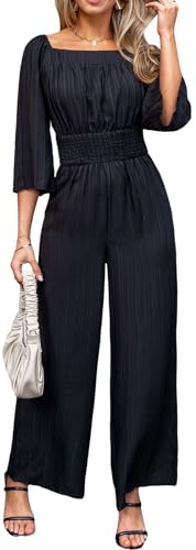 CUPSHE Women's Romper Woven Square Neck 3/4 Sleeves Smocked Waist Straight Leg Jumpsuit Outfit Casual