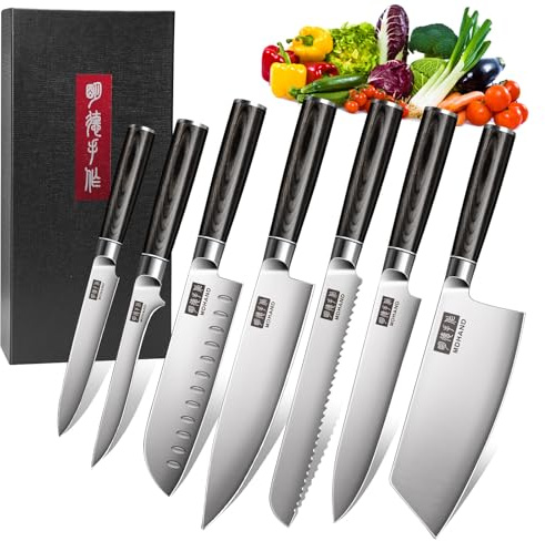 MDHAND 7pcs Set de Couteaux de Cuisine, Acier Inoxydable Allemand | Manche Ergonomique, Emballage Cadeau Complet avec Couteau Chef