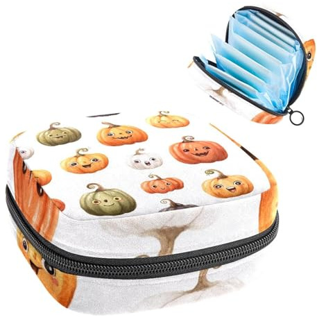 Portable Sanitary Napkin Storage Bag, Menstrual Cup Pouch Feminine Menstruation Pads Bag for Teen Girls, Tampons First Period Kit, Watercolor Halloween Pumpkins