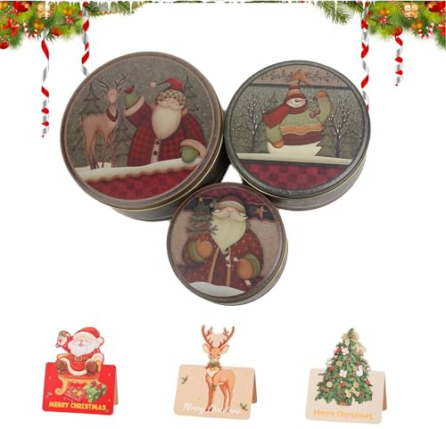 eupdd 3 scatola di latta, Scatole Latta Natale con Babbo Natale Vintage e 3 Biglietti d'Auguri， Scatola di Latta 13.5x6cm/17x7.5cm/20x8cm per Bomboniere, Feste e Regali Fai da Te