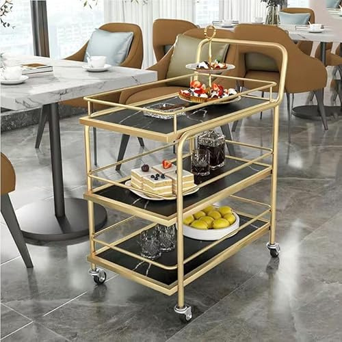 Goldener Barwagen auf Rädern, 3-stöckiger Servierwagen mit abschließbaren Rollen, Mehrzweck-Küchen- und Wohnzimmer-Aufbewahrungsregal, stilvolles Holz- und Metall-Design, ideal für Unterhaltung