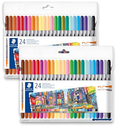STAEDTLER 3200 rotuladores de doble fibra, dos estuches con 24 rotuladores cada uno para líneas anchas y estrechas