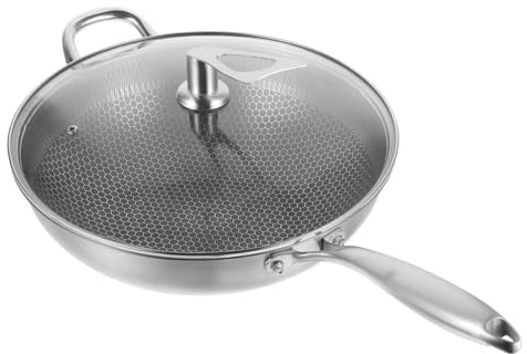 UKCOCO Padella Wok in Acciaio Inossidabile con Fondo a Cellule Manico e Coperchio Distribuzione Uniforme del Calore per Cucina su Cucine a Gas ed Elettriche