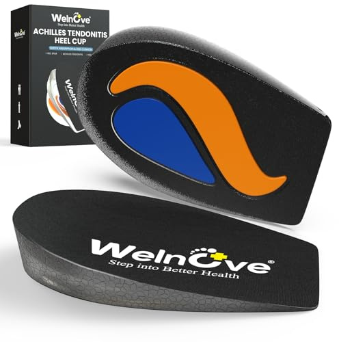 Welnove Heel Cups for Plantar Fasciitis - TPE Shock Absorption Heel Pads for Achilles Tendonitis, Washable Heel Cushion Inserts for Heel Spur Pain Relief, Shoe Lift Support for Men Women Black,S