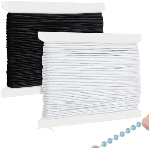 Hilo Elástico para Pulseras, 2 Piezas de Cuerda Elástica 1mm x 20m - Cordón Elástico Redondo para DIY de Joyería, Manualidades, Collares y Pulseras - Negro y Blanco