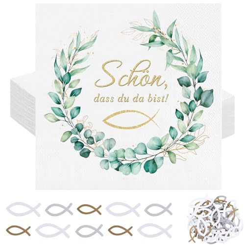 Lot de 40 serviettes de baptême en papier vert eucalyptus de 15,2 cm avec inscription « Schön dass Du Da bist » et 48 poissons en bois pour décoration de baptême pour garçon et fille
