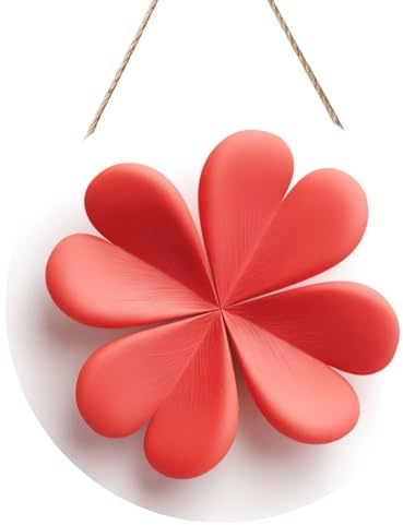 Woshuwo Cartello di benvenuto in legno con quadrifoglio rosso, per porta d'ingresso, 30 cm, rotondo, da appendere, decorazione per casa colonica