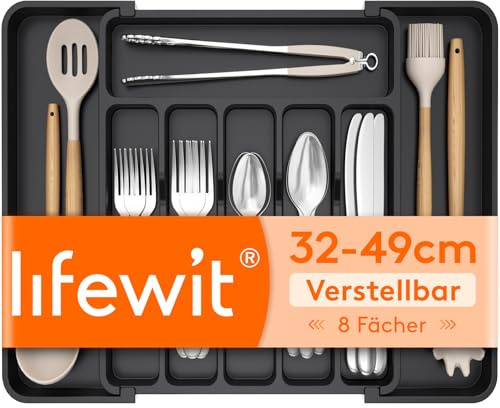 Lifewit Besteckkasten für Schubladen, verstellbarer Kunststoff Organizer Küche Tiefe 35 cm, Besteckeinsatz 6-8 Fächer, erweiterbar bis 49 cm, für Löffel, Gabeln und Geschirr, Schwarz