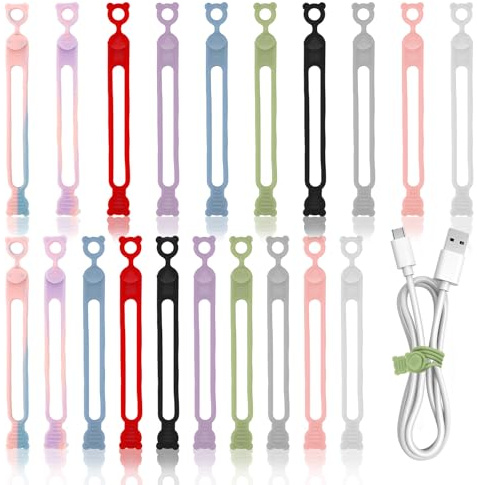 Padorul 20 Pack Silicone Cable Ties, Reusable Cord Organizer for USB Cables, Headphone Wires, Office Desk and Home Organization, Multi-Color Management Clips
