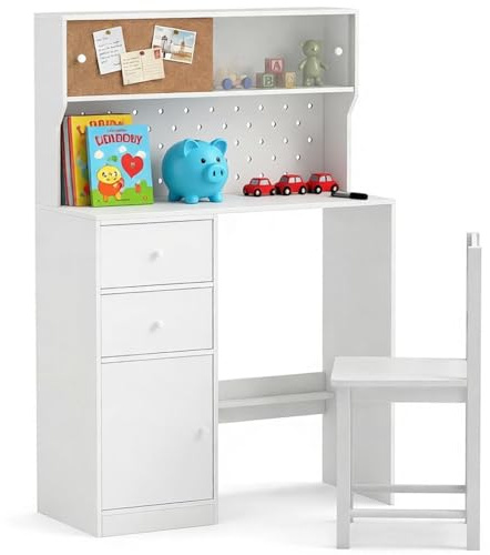 Maxmass Wooden Kids Desk and Chair Set, Children Table and Chair with Pegboard, Cork Bulletin Board, 2 Drawers, Double-door Cabinet, Writing Desk Studying Table for Boys Girls (White)
