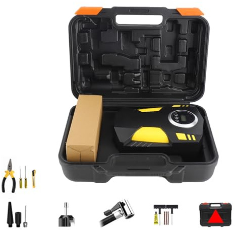 Compressore Portatile e Gonfiatore di Pneumatici con Batteria Ricaricabile 12V - Pompa Elettrica per Pneumatici con Luce LED e 3 Ugelli per Veicoli Motociclette Biciclette e (Puntatrice)