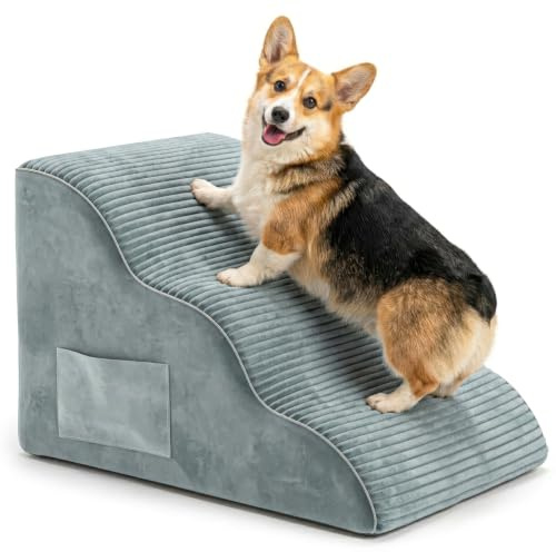 BEST JAJA Hundetreppe 3 Stufen mit Kanteneinfassung – formstabil und rutschfest, 40 cm hoch für Bett und Sofa, mit Seitentasche und Tragegriff – für kleine Hunde, Dackel und Katzen(Grau)