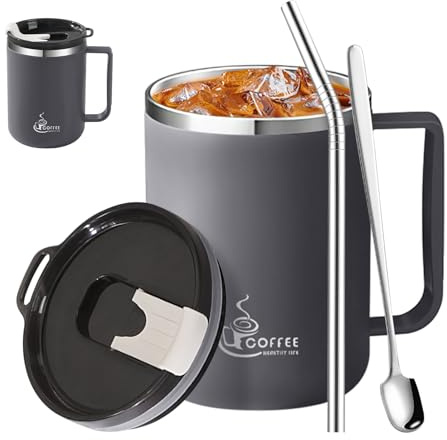 Paket med 2 isolerade kaffekoppar med handtag och lock, rostfritt stålkaffeglas på 430 ml med sugrör och sked, isolerad metallkoppar i vakuum (mörkgrå)