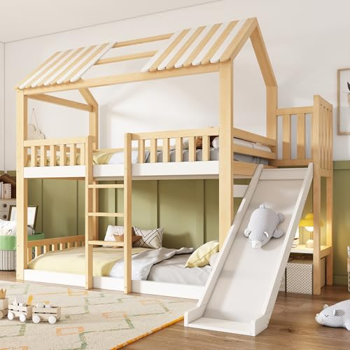FammyLoft Hochbett Kinder mit 35 cm Rutsche, 90 * 200+90 * 200 cm Hausbett mit Regal, Etagenbett für 2 Kinder, Stockbett, Jugendbett, Kinderhochbett, Ohne Matratze, EN 747, Weiß+Naturfarbe