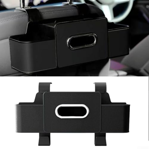 Organizador trasero de asiento de coche con caja de pañuelos y ganchos para almacenamiento de gafas de sol, cargadores, bolsas hechas de cuero y material ABS en color naranja (negro)
