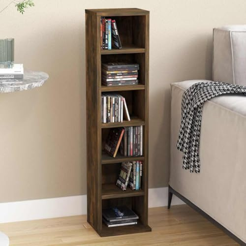 LoogCape CD-hylla rökt ek 21 x 20 x 88 cm träbaserade material gott om lagringsutrymme för CD-skivor DVD-skivor i vardagsrummet eller kontoret, stabil förvaring, mångsidig användning som skänk eller