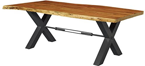 Massivmoebel24.de | Iron Label Baumkantentisch aus Massivholz #188 | Natur aus Akazienholz - X-Beine in schwarz matt | 240x110x76 cm | Massivholztisch Esstisch