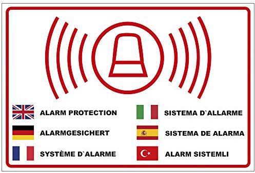 Schild Alarmgesichert, PVC-Hartschaum, 300x200 mm | 3 mm stark, wetterfest, in mehreren Sprachen