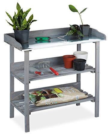 Relaxdays Tavolo da Giardinaggio, 86 x 92 x 42 cm, Banco da Lavoro da Esterno in Legno, per Balcone e Terrazza, Grigio