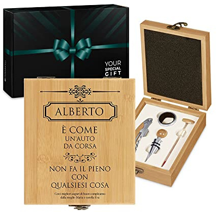 Maverton Set Cavatappi da Vino, Kit da Sommelier Degustazione Perfetta | Personalizzato, Scatola in Legno di bambù + 4 Pezzi di Accessori Vino, Regalo Uomo, Il Pieno