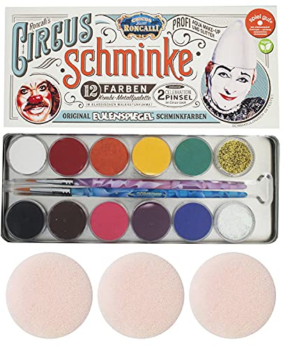 Eulenspiegel 212288 - Palette métal Circus Roncalli, 10 x 5 g de couleurs, 1 paillette Classic Gold, 1 paillette Perlmutt, 2 pinceaux Celebration, 3 éponges