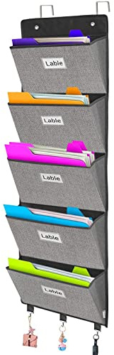 VERONLY Hängender Wandordner – Zeitschriftenhalter über der Tür mit 5 großen Taschen für Schulpapier, Dokumente, Post, Bücher, Zeitungen, Briefe hinter der Speisekammertür, Klassenzimmer, Büro (grau)