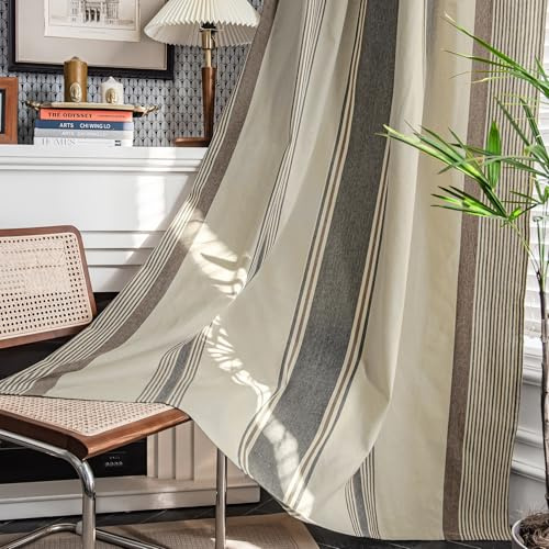 ColorBird Brown and Grey Striped Curtains 2 Panels Set, Modern Farmhouse Vintage Patterned Short Kitchen Curtain 63 Inches Length, Light Filtering Window Treatment Drapes for Living Room Bedroom