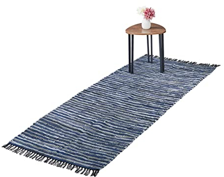 Relaxdays Flickenteppich, 80 x 200 cm, Baumwolle & Leder, Teppichläufer, Fransen, rutschfest, Fleckerlteppich, blau/grau