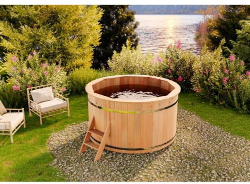 Bain Nordique FinnTherm - pour 5 à 6 Personnes - avec marchepied en Bois - Bain-Spa - 180 x 101 cm | Spa Bois Exterieur | en épicéa Nordique | Utilisable Toute l'année