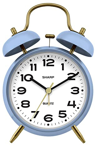 Sharp Twin Bell Alarm Clock, Loud Alarm Great for Heavy Sleepers - Stylish Matte Finish with Rustic Bronze Accents, Battery Operated (Matte Cornflower Blue)
