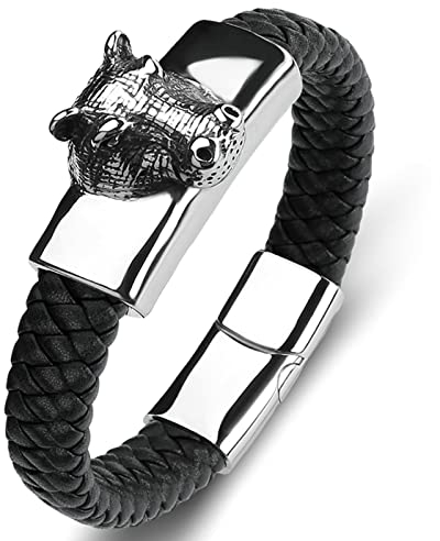 KnSam Männer - Armreif Leder Herren, PU Leder Bettelarmband Herren Tier Armreifen Herren Edelstahl Armschmuck Schwarz mit Magnet Verschluss, Länge 16.5CM