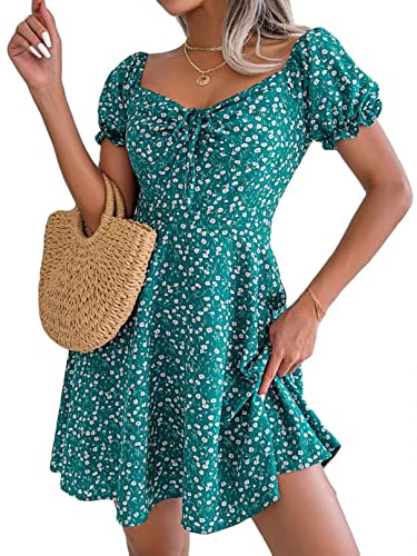 CheChury Vestidos Verano Mujeres Casual Vestidos Cortos Floral Vestido Playa Boho Moda Gasa Cuello en V Vestidos Mangas Cortas Mini Vestidos Vacaciones Vestido Swing Bohemio Vestidos Playeros