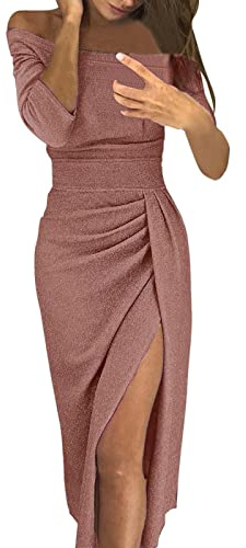 Abendkleid Damen Elegant Off Shoulder Bodycon Kleid Midilang Cocktailkleid 3/4 Ärmel Sexy Kleider mit Schlitz Vintage Abendkleider Glitzer Lang Wickelkleid Ballkleid Festlich Party Hochzeitsgäste