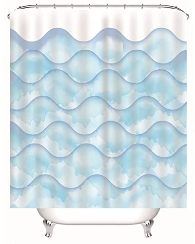 Whoiy Duschvorhang 90X180 Anti Schimmel, Duschvorhang für Badewanne Über Eck Polyester Bath Curtains Wellen Blau Weiss Waschbar Wasserdicht