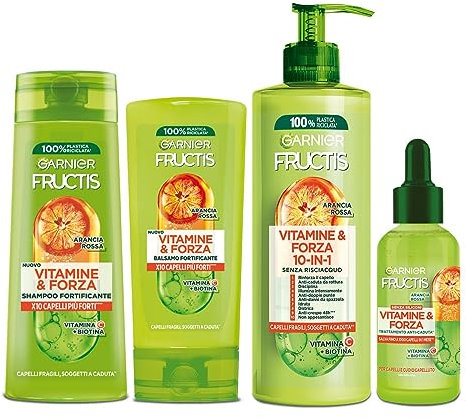 Garnier Fructis Routine Completa Fortificante Vitamina&Forza, Kit con Shampoo, Balsamo e Trattamento 10in1 e Siero Anticaduta, Per Capelli Fragili e Soggetti a Rottura, Arricchito con Vitamine