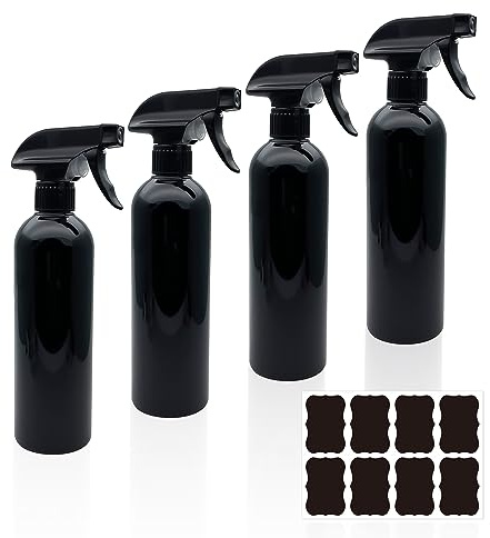 GVSAVY 4 Black Spray Bottles, Refillable Empty Spray Bottles, Multipurpose Plastic Spray Bottles With Labels, For Cleaning, Gardening, Hair Salon And More (500ml)