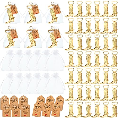 Meanplan 251 Pcs Cowboy Boot Bottle Opener Set Cowgirl Western Derby Wedding Party Favor Includes Cowboy Beer Bottle Opener Organza Bag Thank You Tag and Jute Rope for Guest Wedding Party Baby Shower