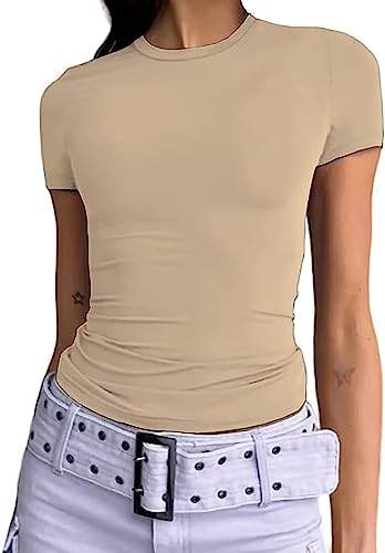 Kukeyiee Femmes Basique Slim Fit T-Shirt Top À Manches Courtes Y2K Tops TikTok Influence Crop Top Club Party Streetwear(Apricot-1, M)