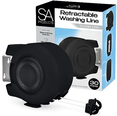 SA Products Wall Mounted Twin Cable Retractable Washing Line - 2x15m Long Clothes Line - 30m Extendable Laundry Drying String Line Heavy-Duty Plastic & Polyvinyl For Indoor & Outdoor Use - All Black