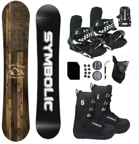 Symbolic Freedom Snowboard , Bindings, and Boots Package Discs, Screws,Leash, Stomp, Mask, Men Women Kids Regular-Wide (150cm, Men 10 Boot & Black Binding)