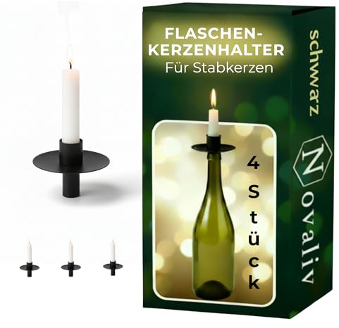 Novaliv 4X Kerzenhalter Flasche Schwarz Eisen Kerzenhalter Flaschenaufsatz für Kerzen ca. 2cm Schwarz Flaschenkerzenhalter Stabkerzen Kerzenständer Stabkerzenhalter Candle Holder Stabkerzentülle