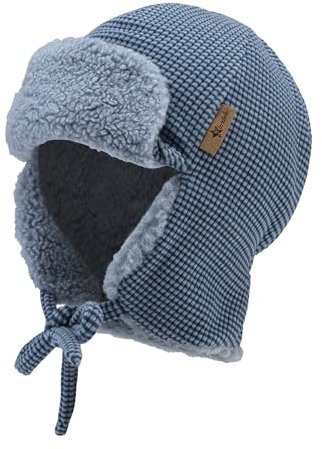 Sterntaler Fliegermütze mit Rippenmuster -dezent gestreift - Jungen Holzfällermütze angeschnittenen Ohrenklappen und Bindeband - Kinder Wintermütze, gefüttert mit Teddyplüsch - blau, 53