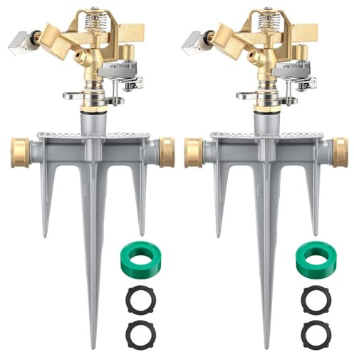 Blushtier 2 Stück Messing-Schlagregner für Hof, verstellbarer Rasensprenger mit robustem Messingkopf und Aluminium-Spike-Basisband, Rasenausrüstung für große Flächen, Hof, Terrasse, Garten,