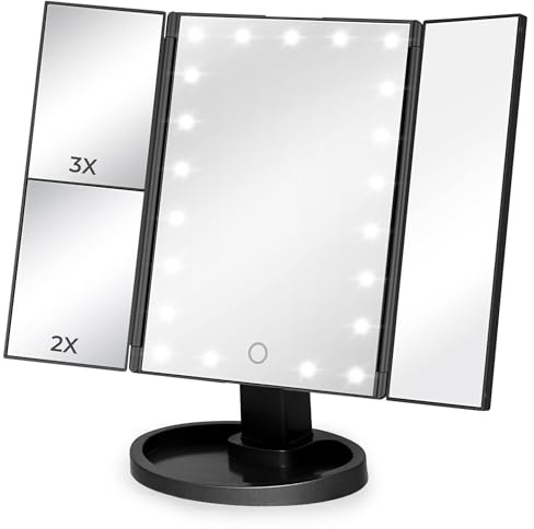 Espejo Aumento con luz y Aumento 1X 2X 3X para tocador de Maquillaje con luz, Baño o Regalo para Chicas Adolescentes - Ideal para cosmética Mujer y tocador. (Negro)